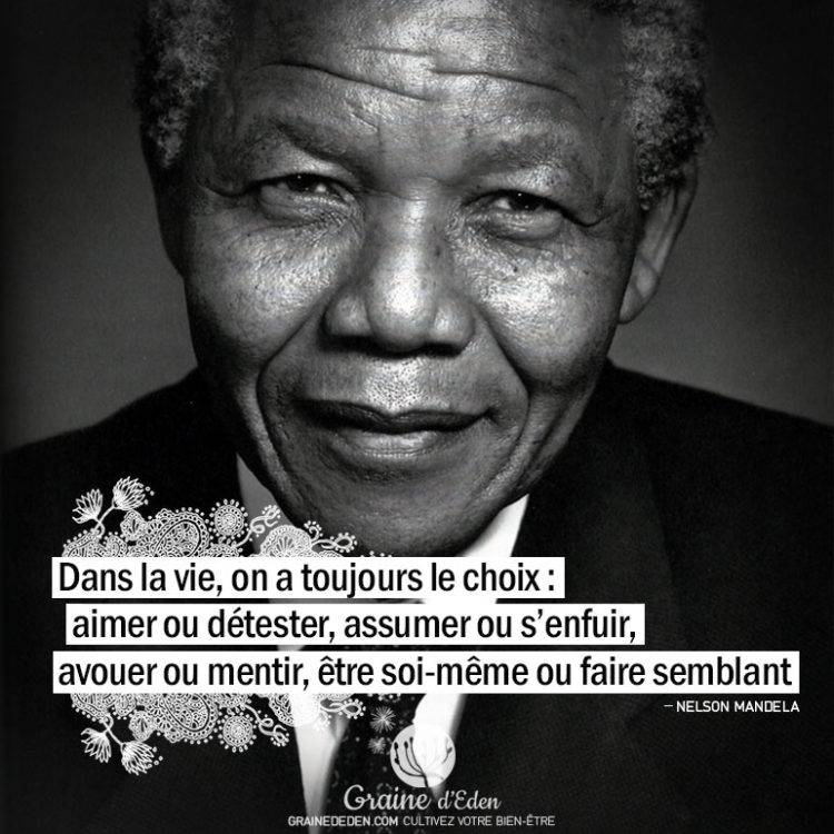 Dans la vie, on a toujours le choix : aimer ou détester, assumer ou s'enfuir, avouer ou mentir, être soi-même ou faire semblant. NELSON MANDELA - Graine d'Eden Citation