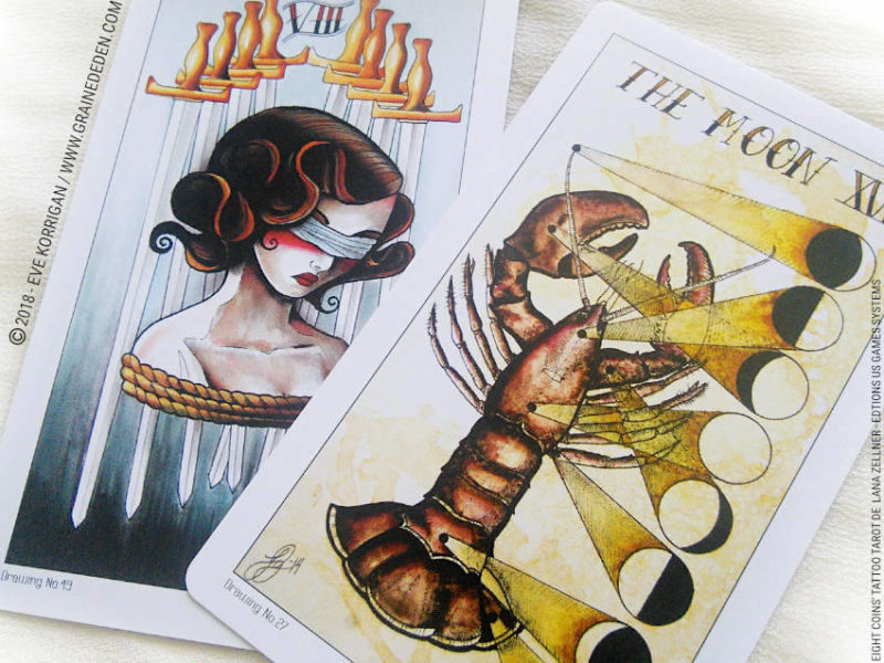 Eight Coins' Tattoo Tarot de Lana Zellner Review - Graine d'Eden Développement personnel, spiritualité, tarots et oracles divinatoires, Bibliothèques des Oracles, avis, présentation, review tarot oracle , revue tarot oracle