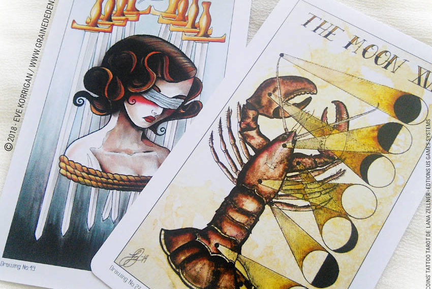 Eight Coins' Tattoo Tarot de Lana Zellner Review - Graine d'Eden Développement personnel, spiritualité, tarots et oracles divinatoires, Bibliothèques des Oracles, avis, présentation, review tarot oracle , revue tarot oracle