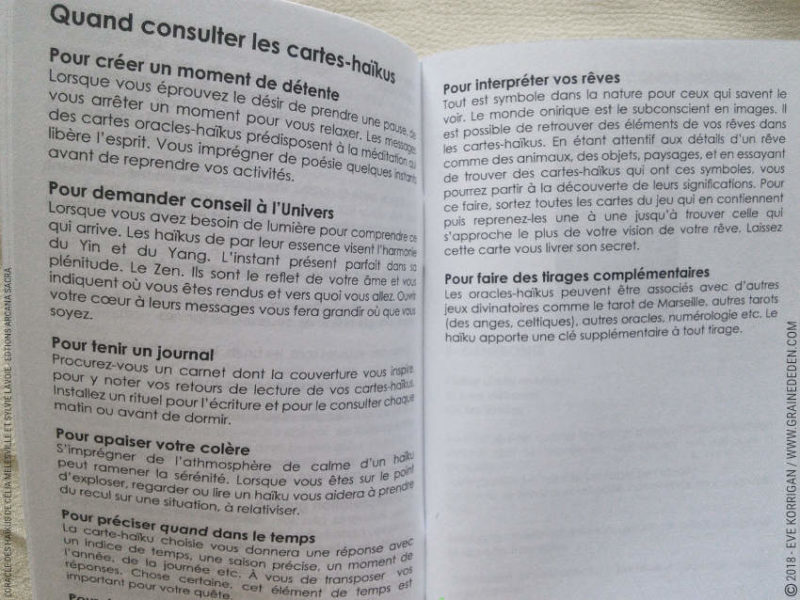 L'Oracle des Haïkus de Célia Melesville et Sylvie Lavoie Review Présentation Avis - Graine d'Eden Développement personnel, spiritualité, tarots et oracles divinatoires, Bibliothèques des Oracles, avis, présentation, review tarot oracle , revue tarot oracle